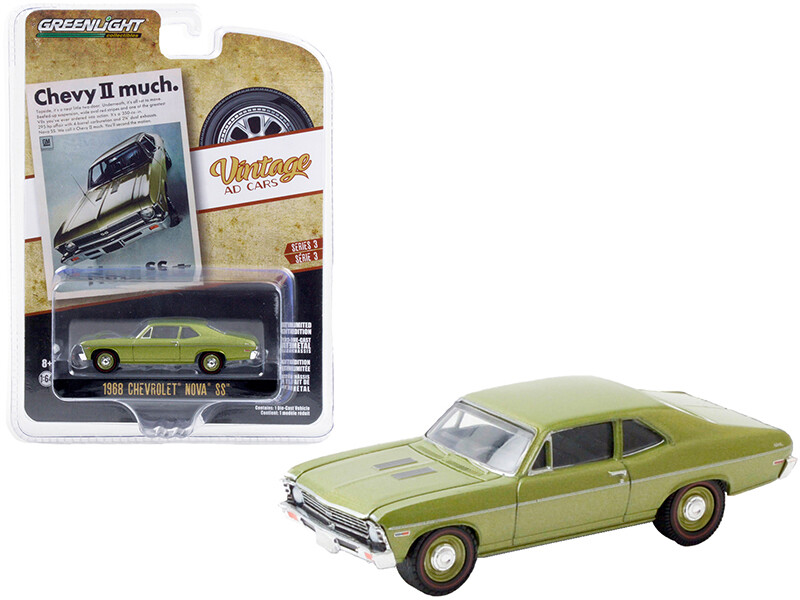 1968 Chevrolet Nova SS Green Metallic \"Chevy II Much\" \"Vintage Ad Cars\" Series 3 1/64 Diecast Model Car by Greenlight