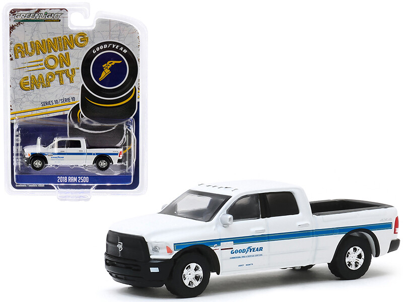 2018 RAM 2500 4x4 Pickup Truck White with Blue Stripes \"Goodyear Commercial Tire & Service Centers\" \"Running on Empty\" Series 10 1/64 Diecast Model Car by Greenlight