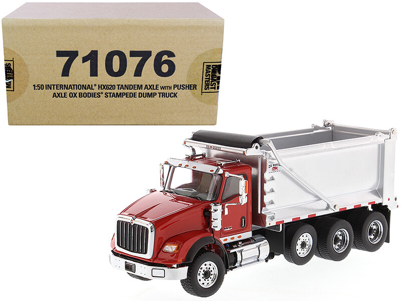 International HX620 Tandem Axle with Pusher Axle OX Stampede Dump Truck Red and Chrome \"Transport Series\" 1/50 Diecast Model by Diecast Masters