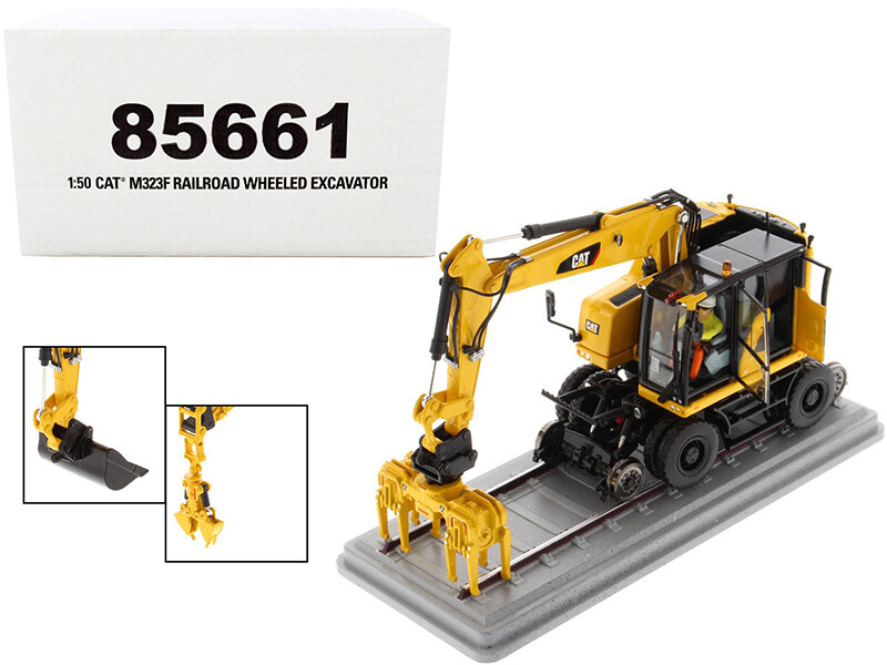 CAT Caterpillar M323F Railroad Wheeled Excavator with Operator and 3 Work Tools Safety Yellow Version \"High Line Series\" 1/50 Diecast Model by Diecast Masters