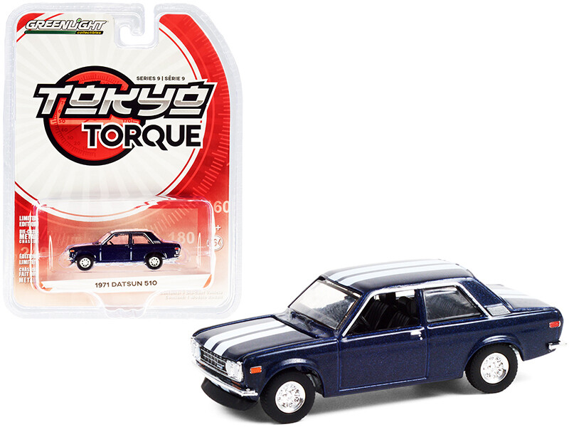 1971 Datsun 510 Custom Rich Blue Metallic with White Stripes \"Tokyo Torque\" Series 9 1/64 Diecast Model Car by Greenlight