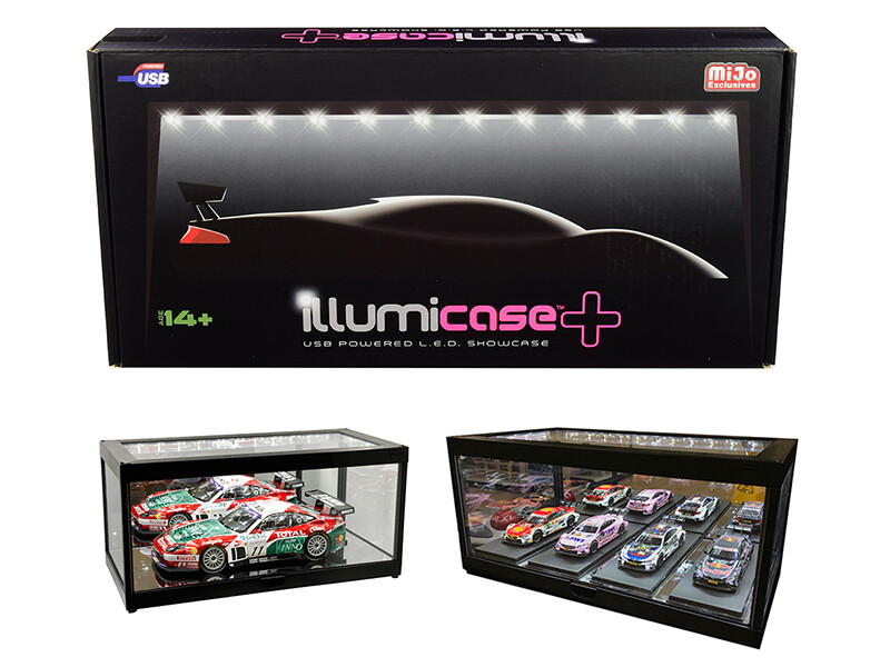 Black Collectible Display Show Case Illumicase+ with LED Lights and Mirror Base and Back for 1/64 1/43 1/32 1/24 1/18 Scale Models by Illumibox