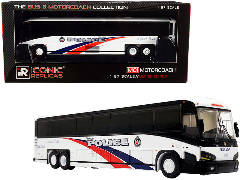 MCI D4505 Motorcoach Bus \"Toronto Police\" (Canada) White with Blue and Red Stripes \"The Bus & Motorcoach Collection\" 1/87 (HO) Diecast Model by Iconic Replicas