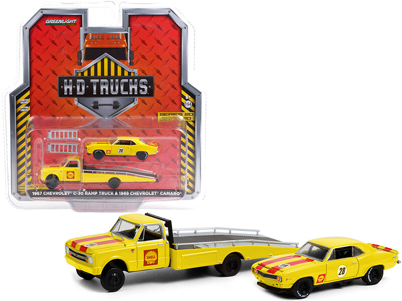 1967 Chevrolet C-30 Ramp Truck and 1969 Chevrolet Camaro #28 \"Shell Oil\" Yellow with Red Stripes \"H.D. Trucks\" Series 20 1/64 Diecast Model Cars by Greenlight
