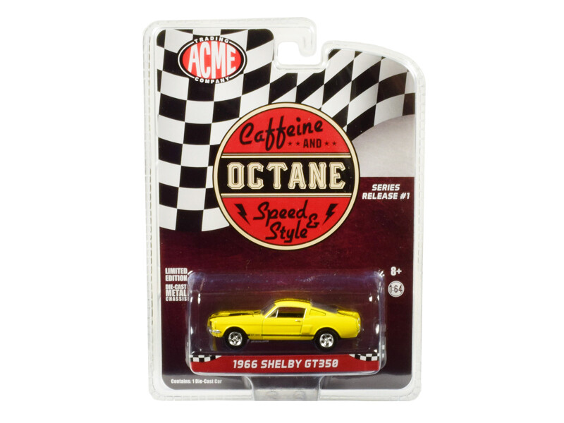 1966 Ford Mustang Shelby GT350 Yellow with Black Stripes \"Caffeine and Octane\" (2017) TV Show Release #1 in the Series 1/64 Diecast Model Car by Greenlight for ACME