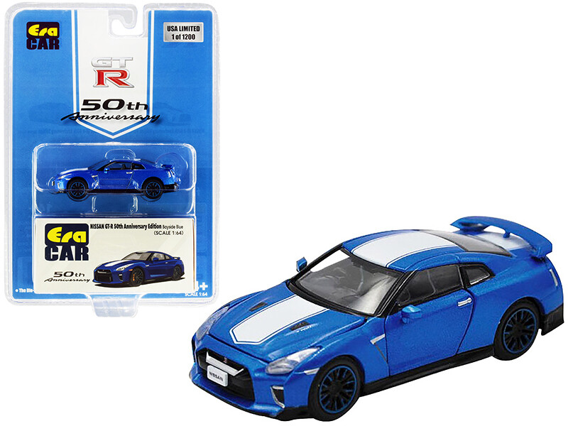 Nissan GT-R RHD (Right Hand Drive) Bayside Blue with White Stripe \"50th Anniversary Edition\" Limited Edition to 1200 pieces 1/64 Diecast Model Car by Era Car