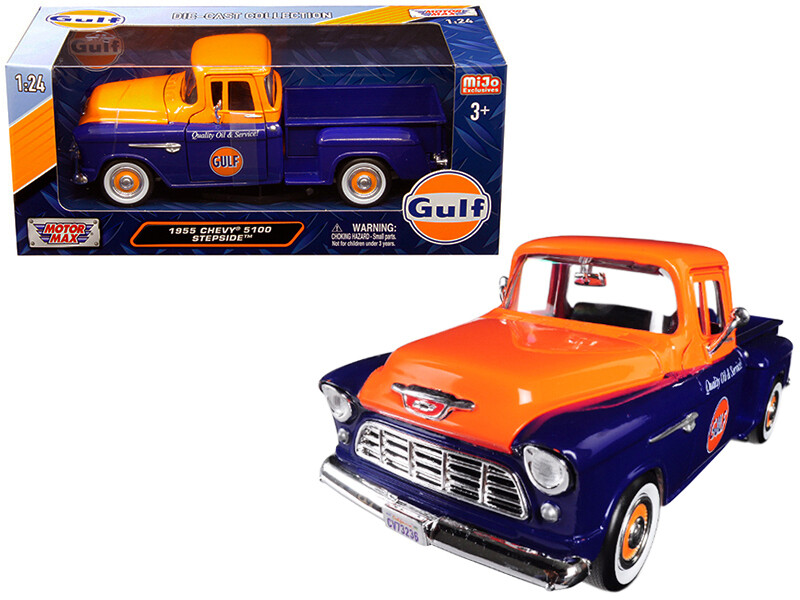1955 Chevrolet 5100 Stepside Pickup Truck \"Gulf\" Dark Blue and Orange 1/24 Diecast Model Car by Motormax