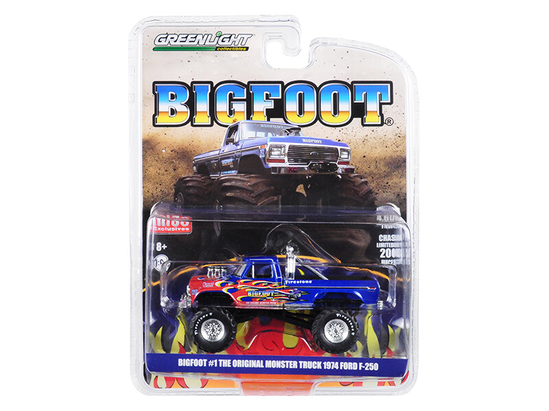 1974 Ford F-250 Monster Truck \"Bigfoot #1 The Original\" Blue with Flames Limited Edition to 4600 pieces Worldwide 1/64 Diecast Model Car by Greenlight