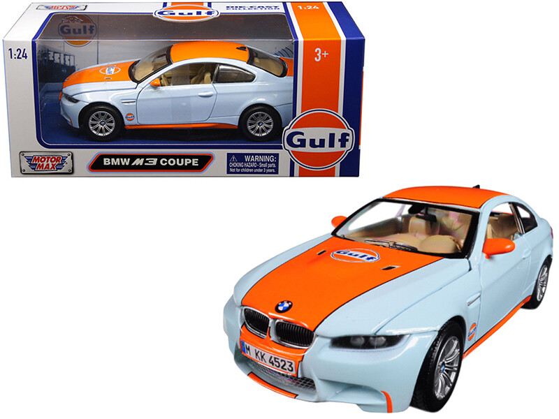 BMW M3 Coupe with \"Gulf Oil\" Livery Light Blue with Orange Stripe 1/24 Diecast Model Car by Motormax