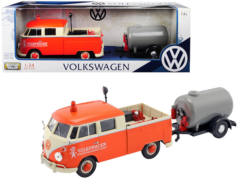 Volkswagen Type 2 (T1) Pickup Truck Orange and Cream with Oil Trailer \"Road Service\" 1/24 Diecast Model Car by Motormax