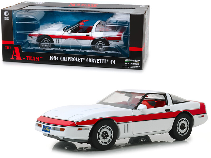 1984 Chevrolet Corvette C4 Convertible White with Red Stripe \"The A-Team\" (1983-1987) TV Series 1/18 Diecast Model Car by Greenlight