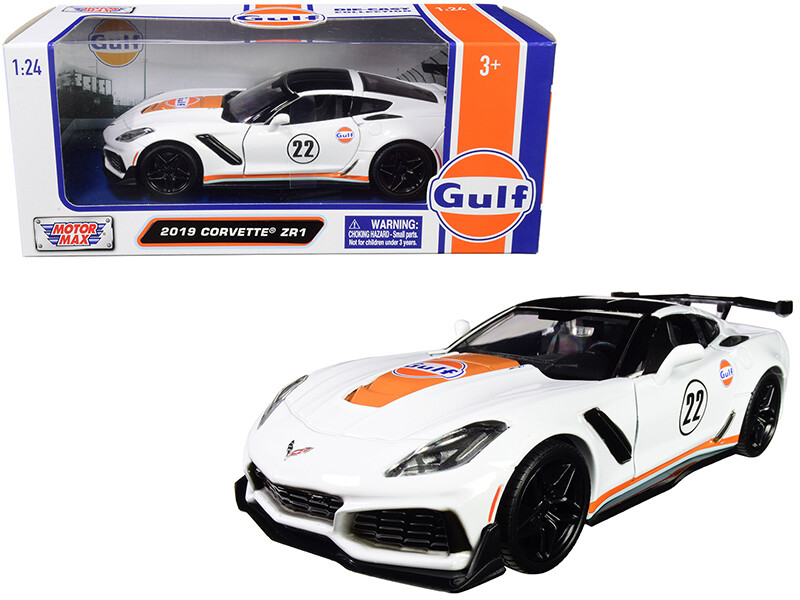 2019 Chevrolet Corvette ZR1 #22 \"Gulf Oil\" White with Orange Stripes and Black Top 1/24 Diecast Model Car by Motormax