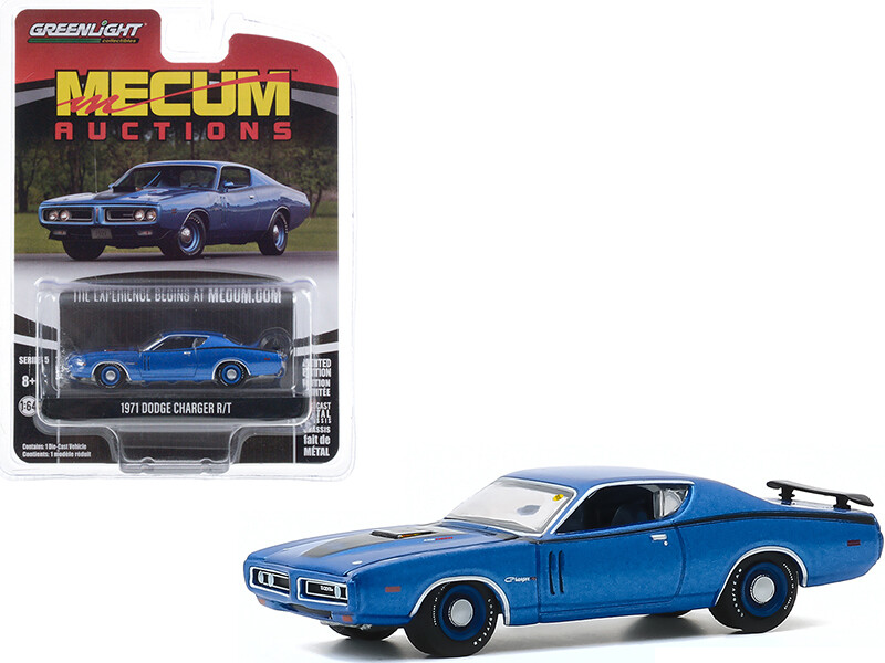 1971 Dodge Charger R/T Blue Metallic with Black Stripes (Dallas 2019) \"Mecum Auctions Collector Cars\" Series 5 1/64 Diecast Model Car by Greenlight