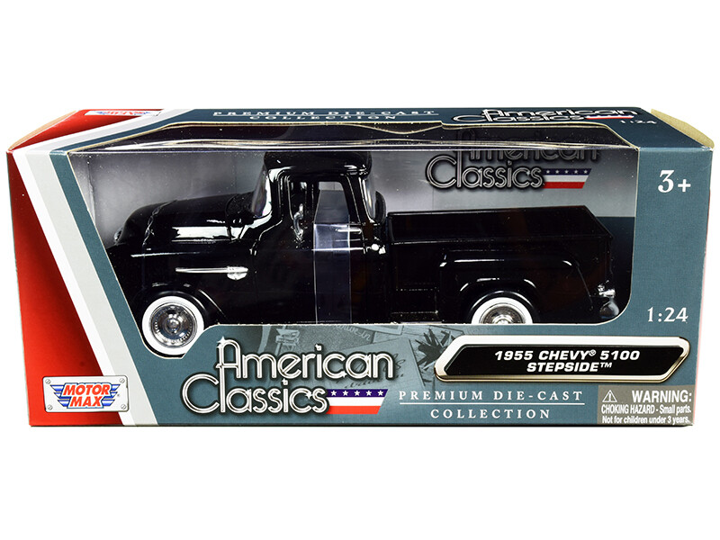 1955 Chevrolet 5100 Stepside Pickup Truck Black with Whitewall Tires \"American Classics\" 1/24 Diecast Model Car by Motormax