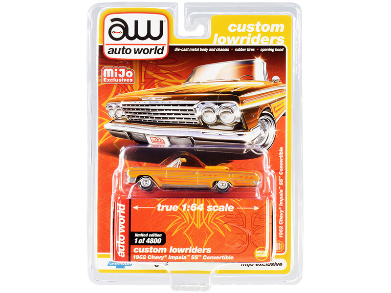 1962 Chevrolet Impala SS Convertible Yellow with Graphics \"Custom Lowriders\" Limited Edition to 4800 pieces Worldwide 1/64 Diecast Model Car by Autoworld