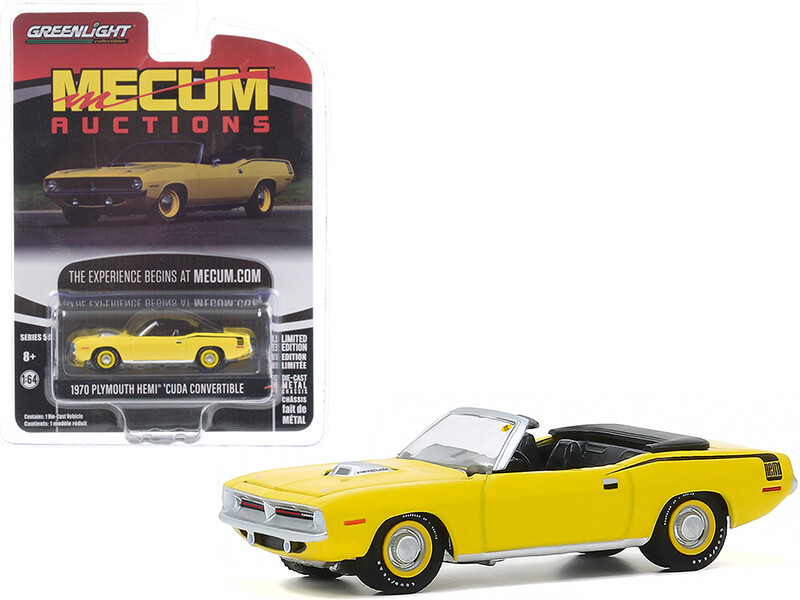 1970 Plymouth HEMI Barracuda Convertible Yellow with Black Stripes (Kissimmee 2016) \"Mecum Auctions Collector Cars\" Series 5 1/64 Diecast Model Car by Greenlight