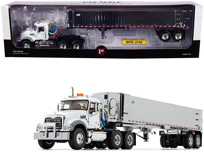 Mack Granite MP Tandem-Axle Day Cab with East Genesis End Dump Trailer White and Chrome 1/50 Diecast Model by First Gear