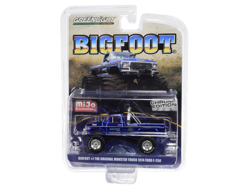 1974 Ford F-250 \"Bigfoot #1 The Original Monster Truck\" Chrome Blue Limited Edition to 5750 pieces Worldwide 1/64 Diecast Model Car by Greenlight