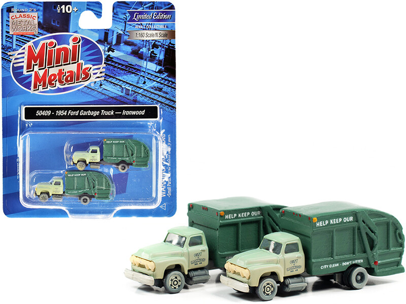 1957 Chevrolet Garbage Truck \"Ironwood Sanitation\" Light Green and Dark Green (Dirty) Set of 2 pieces 1/160 (N) Scale Models by Classic Metal Works
