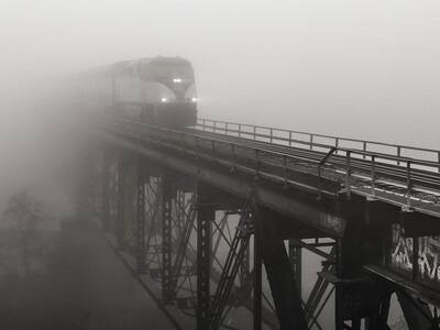 Jim Curnyn, 8am Amtrak on Foggy Bridge, Fresno (Unframed) 14x17