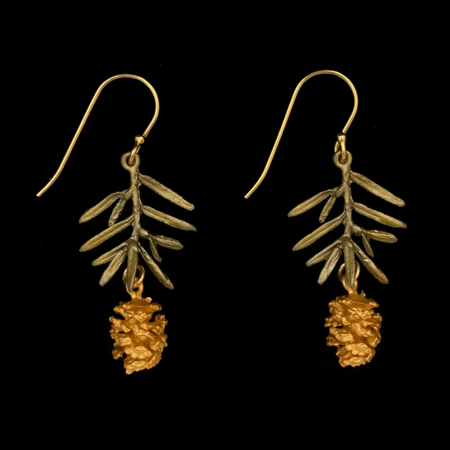 Pine Needle Wire Drop Earrings (Cast Bronze Accented with a 24k Gold Finish.)