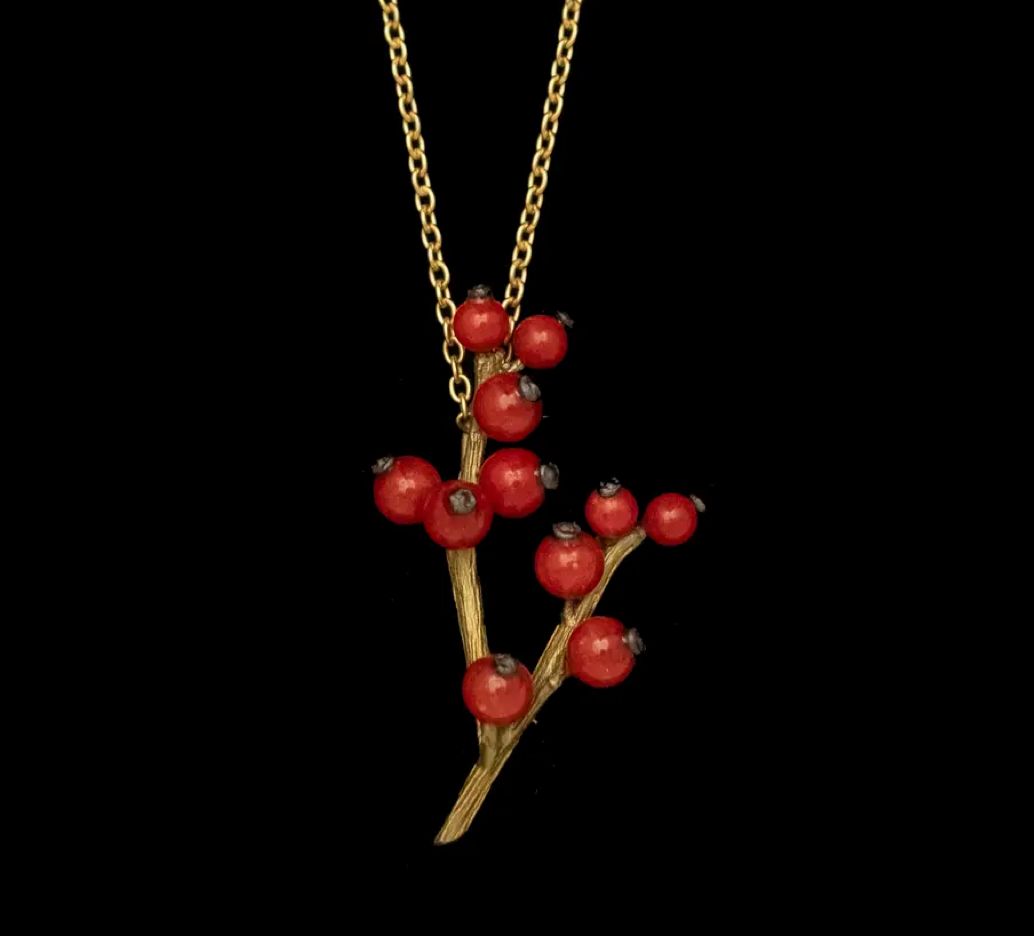 Winterberry Pendant Necklace (Bronze  with Red Jade Beads. -16&quot; Adj.