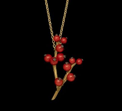 Winterberry Pendant Necklace (Bronze  with Red Jade Beads. -16&quot; Adj.