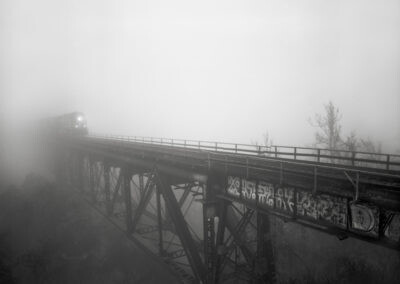 Jim Curnyn, Train on Santa Fe Bridge in Fog, Fresno (Framed) 14x17