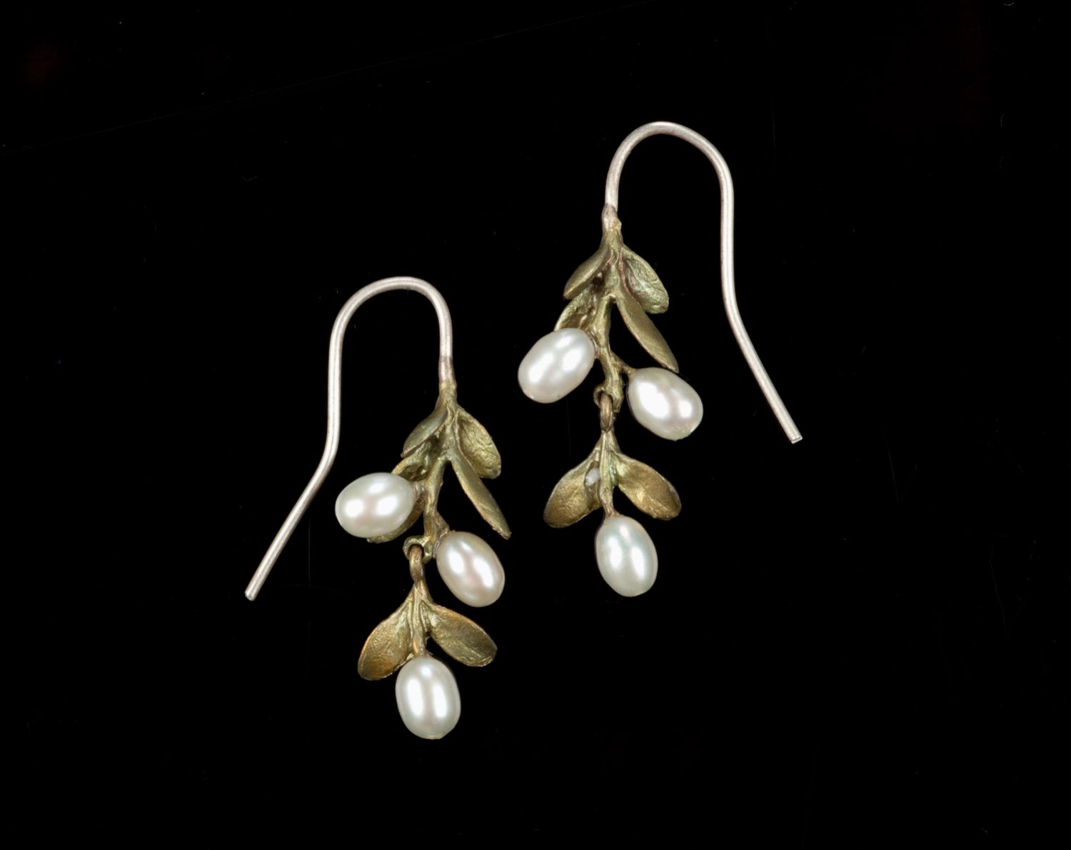 Boxwood Wire Drop Earrings: Cast Bronze  Accented with Freshwater Pearls.