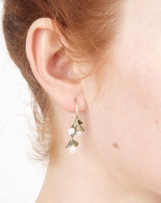 Boxwood Wire Drop Earrings: Cast Bronze  Accented with Freshwater Pearls.