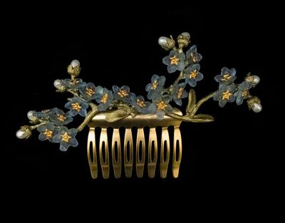 Forget Me Not Hair Comb: Cast Bronze Accented with Cast Glass &amp; Freshwater Pearls.