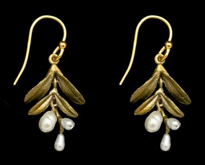 Garden Vine Dainty Wire Earrings: Cast Bronze  Accented with Freshwater Pearls.