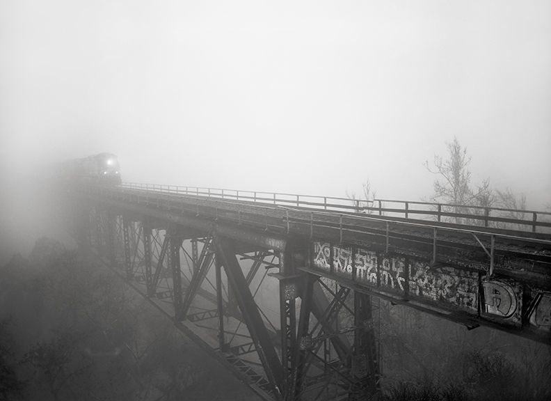 Jim Curnyn, Train on Santa Fe Bridge in Fog, Fresno (Unframed) 8x10"