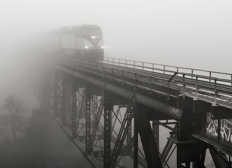 Jim Curnyn, 8am Amtrak on Foggy Bridge, Fresno (Unframed) 8x10"