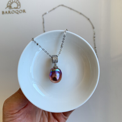 'Rainbow Sunrise' medium baroque pearl silver long necklace 15x13mm