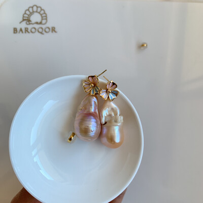 ‘Sisters’ Large Pink Baroque pearl Earrings 29x15mm