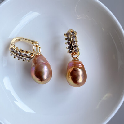 'Orange Sunrise' G21 baroque pearl earrings 14x11mm