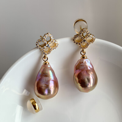'Lavender Princess' Pinkish Purple baroque pearl earrings 15x10.5mm
