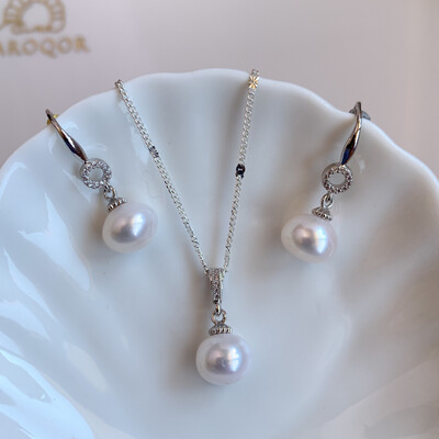 ‘Silver drums’ genuine freshwater bun-shape pearl set 8-9x11mm