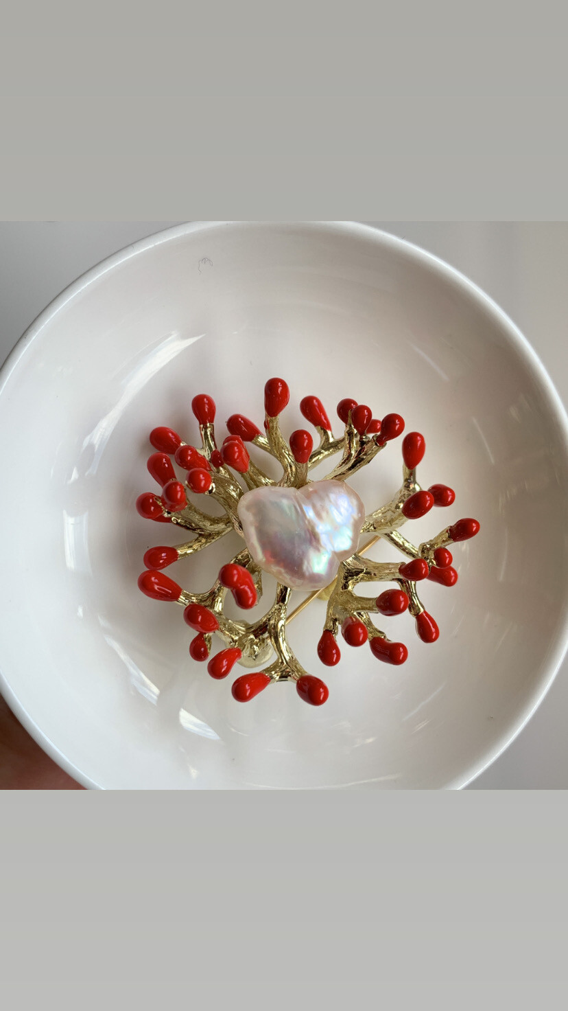 ‘Coral Protected Heart’ Baroque pearl Brooch