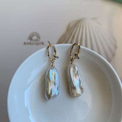 ‘Blowing Leaf Fairies’ Keshi Pearl Earrings 24x10mm