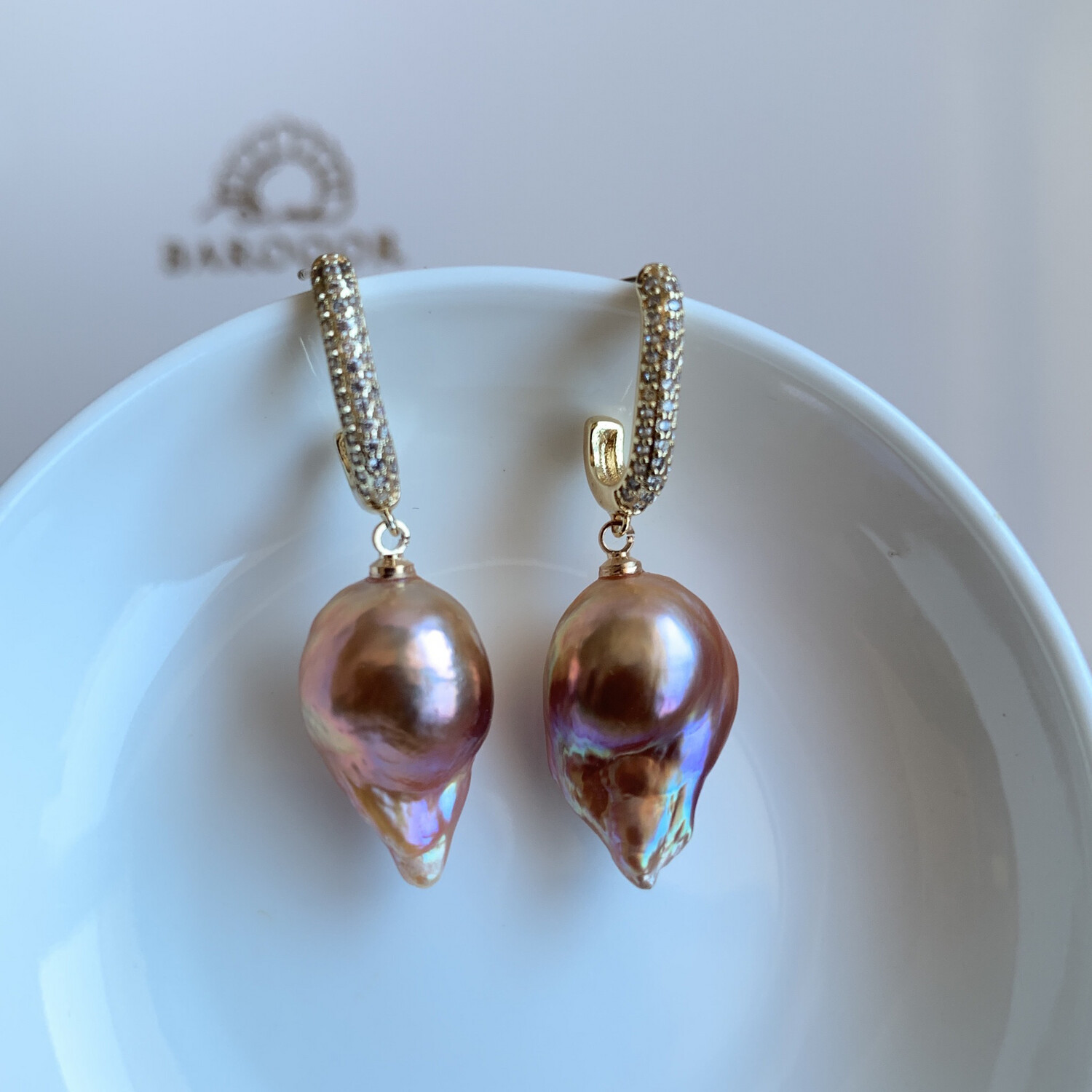 ‘Jealous Sisters’ Amber Baroque pearl earrings 20x12mm