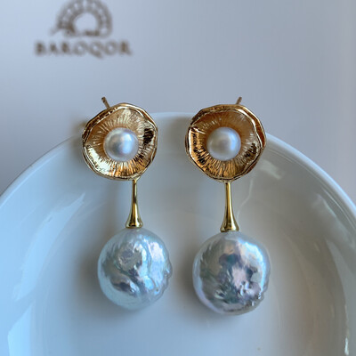 ‘Water Drops on Lotus’ Button Pearl Earrings 14.5mm+6.5mm