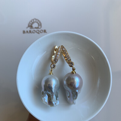 ‘Conqueror’ Large White Baroque pearl Earrings 25x15mm