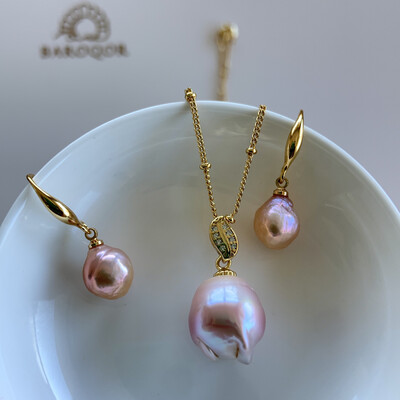 ‘Pink Lotus’ Genuine baroque pearl set 14x13mm+10x9mm