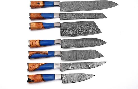 Custom Made Damascus Steel 7’pcs Resin Handles Knives Set