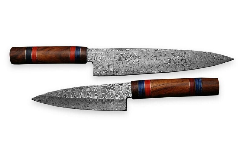 Handmade 2 pieces Damascus steel chef knifes set/ kitchen knife set, fixed blade, rosewood handle with beautiful cow leather sheaths