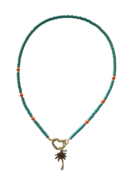 Turqoise ketting met oranje en palmboom hanger
