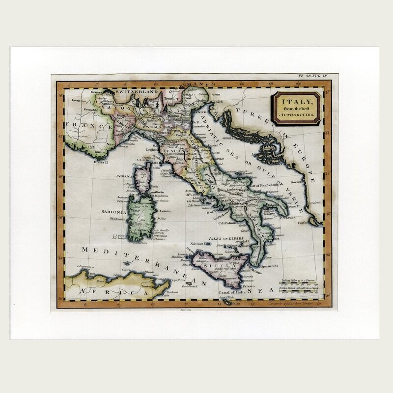 Mapa de Italia. Grabado de la Enciclopedia Inglesa. 1802.