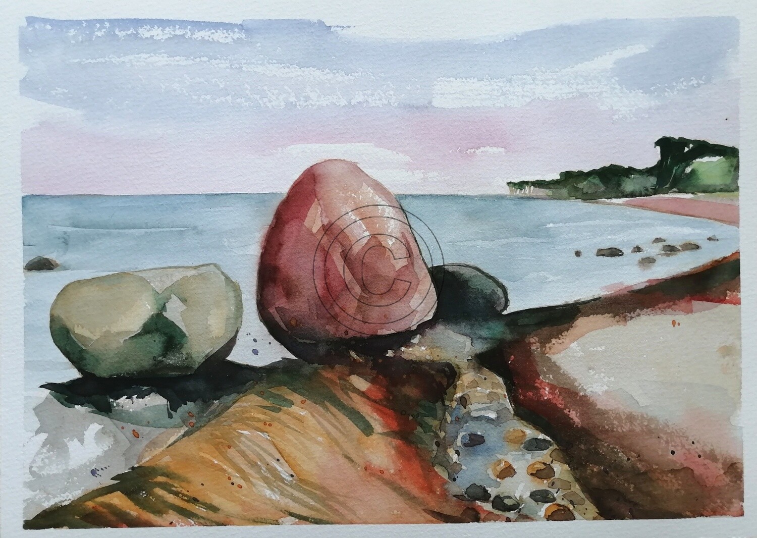 Steine der Ostseeküste, Original Aquarell Zeichnung 26x36cm